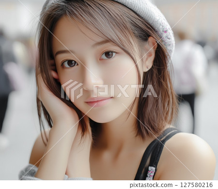 Portrait of a beautiful girl looking straight ahead 127580216