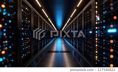 Data center server lights in a corridor. Generated Image 127580822
