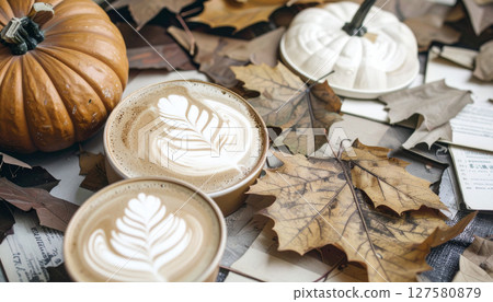 Pumpkin spice latte background. Generated Image 127580879