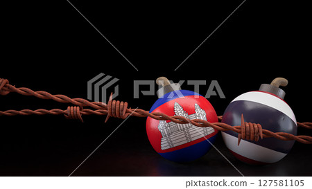 The Thailand and Cambodia flag on Bomb for crisis or war concept 3d Rendering. 127581105