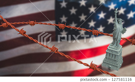 The Statue of liberty and barbed wire on America flag 3d Rendering. The Statue of liberty and barbed wire on America flag 3d Rendering. 127581116