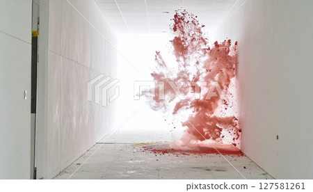 Slow motion paint explosion on white corridor. Generated Image 127581261