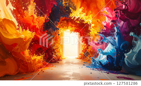 Slow motion paint explosion on white corridor. Generated Image Slow motion paint explosion on white corridor. Generated Image 127581286