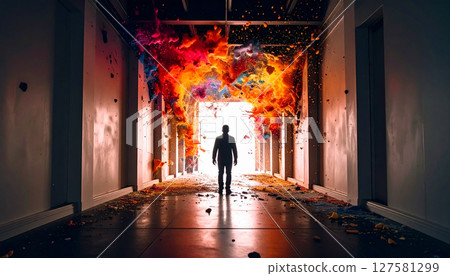 Slow motion paint explosion on white corridor. Generated Image 127581299