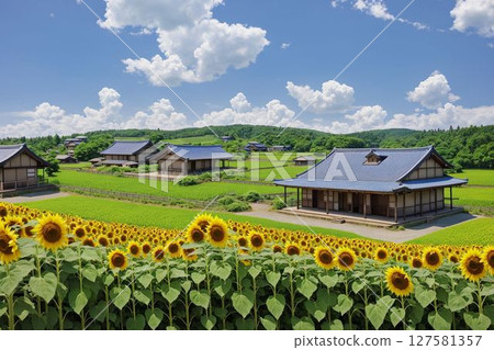 Summer blue sky and red roof house Summer blue sky and red roof house 127581357