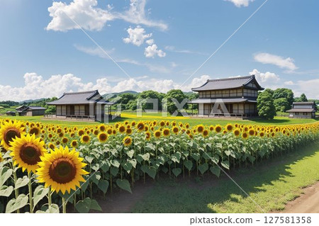 Sunflower field and summer clouds Sunflower field and summer clouds 127581358