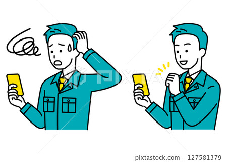 A set of male workers operating smartphones (failure / success) A set of male workers operating smartphones (failure / success) 127581379
