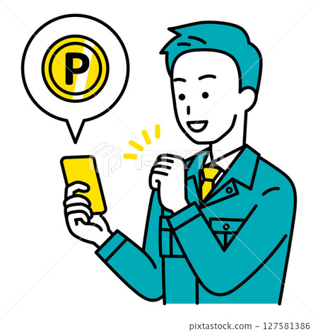 A male worker earns points using a smartphone A male worker earns points using a smartphone 127581386