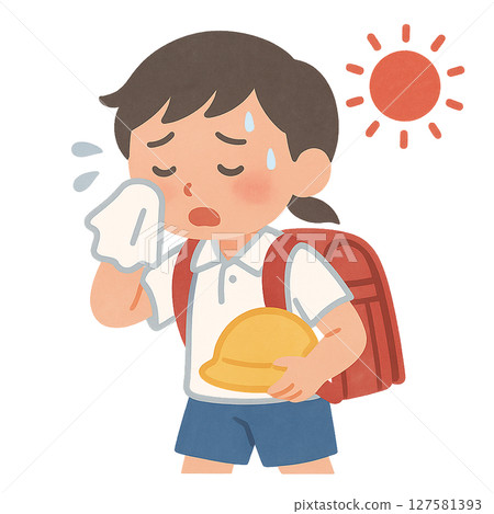 Elementary school students returning home sweating under the scorching sun, a girl exhausted from the heat on her way home from school, an elementary school student on the verge of heatstroke Elementary school students returning home sweating under the scorching sun, a girl exhausted from the heat on her way home from school, an elementary school student on the verge of heatstroke 127581393