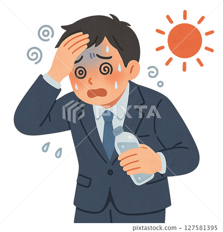 Businessman almost suffering from heat stroke in hot weather, man in suit staggering in heat, sweating and feeling dizzy outdoors 127581395