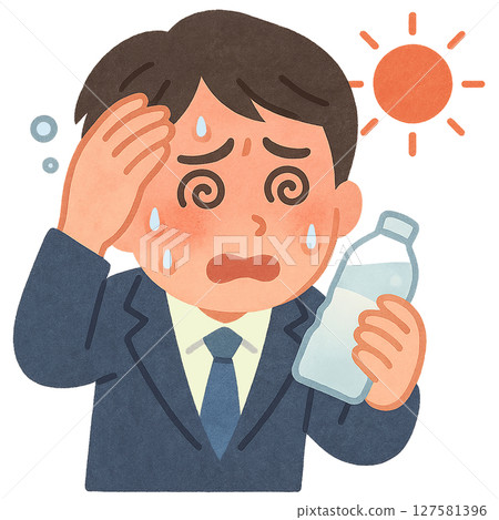 A man in a suit staggering in the heat, a businessman on the verge of heatstroke in the hot sun, and a woman dizzy from the heat. 127581396