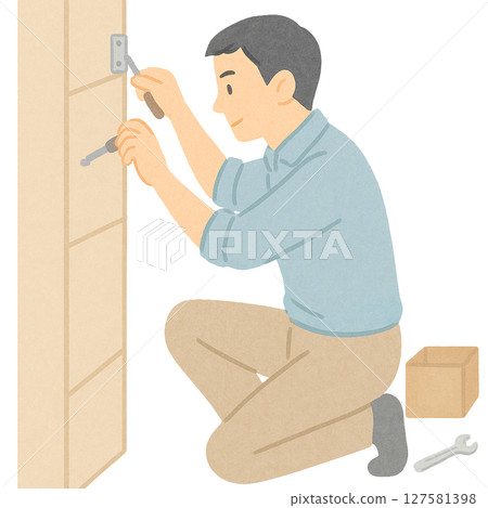 一名男子採取措施防止家具倒塌，一名男子修理家具以防地震，一名成年男子在室內採取安全措施 127581398