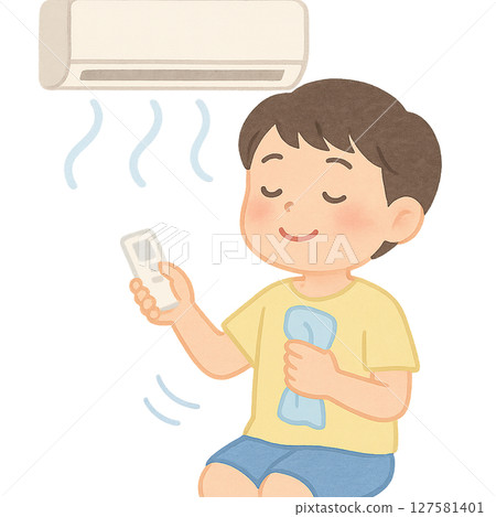 Boy cooling off with air conditioner breeze, Child using air conditioner to prevent heat stroke, Boy spending comfortable time at home in summer 127581401