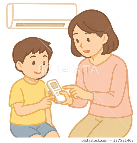 家長和孩子學習如何操作空調遙控器，母子教導如何使用空調，家長和孩子採取防暑措施保持涼爽 127581402