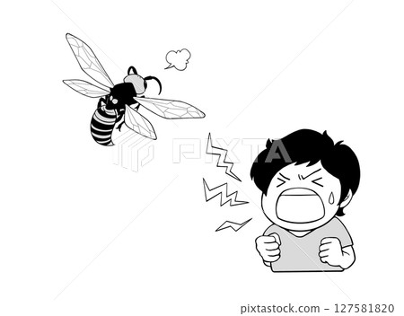 Monochrome illustration of a screaming child and an excited hornet 127581820