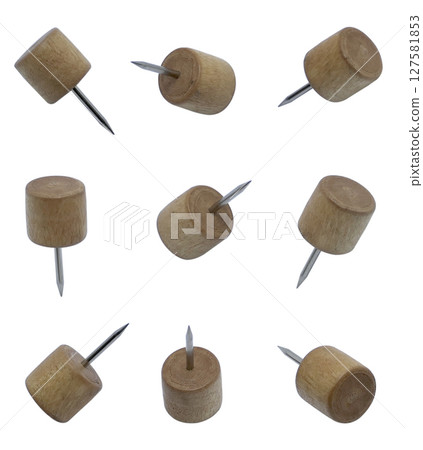 Set of wooden paper pins isolated on white background Set of wooden paper pins isolated on white background 127581853