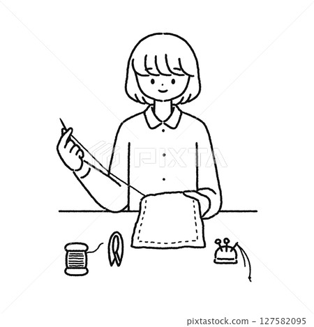 女人縫紉線描 女人縫紉線描 127582095