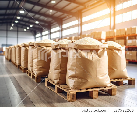 Stockpiled rice stored in a warehouse 127582266