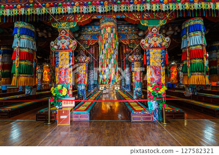 Ornate and Colorful Interior of the Songzanlin Monastery Hall Ornate and Colorful Interior of the Songzanlin Monastery Hall 127582321