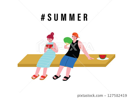 A man and a woman eating watermelon at the edge 127582419