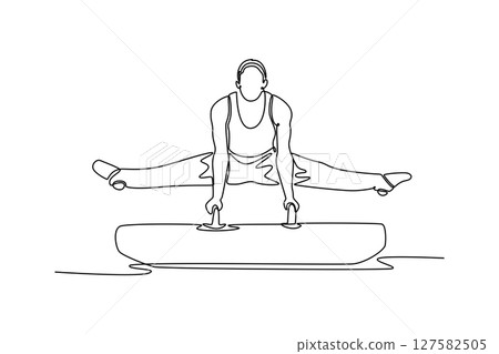 Single one line drawing professional male gymnast doing the splits and balancing on the pommel horse in championship gymnastics artistic. Modern continuous line draw design graphic vector illustration 127582505