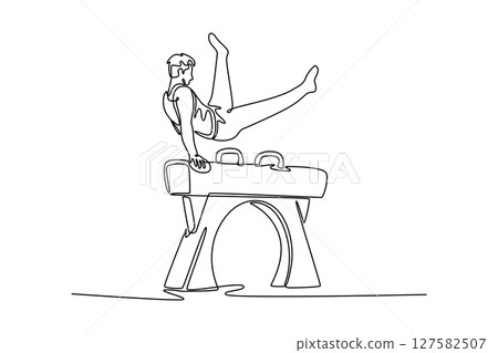 Single one line drawing male gymnast performing on pommel horse competition artistic gymnastics. Male athlete doing complicated exciting trick. Continuous line draw design graphic vector illustration 127582507