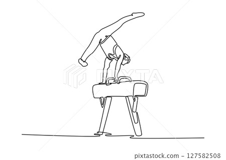 Continuous one line drawing male athlete doing complicated exciting trick on pommel horse in professional gym. Man perform stunt in sports clothes. Single line draw design vector graphic illustration 127582508