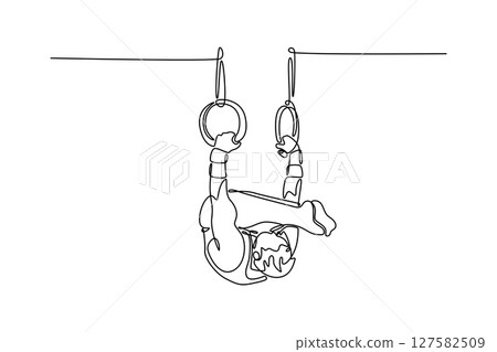 Continuous one line drawing male athlete doing complicated exciting trick on gymnastic rings in professional gym. Movement, action, motion, dynamic. Single line draw design vector graphic illustration Continuous one line drawing male athlete doing complicated exciting trick on gymnastic rings in professional gym. Movement, action, motion, dynamic. Single line draw design vector graphic illustration 127582509