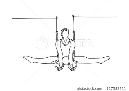 Continuous one line drawing muscular male gymnast exercising on gymnastic rings in modern health club. Gymnast athlete perform stunt in sportswear. Single line draw design vector graphic illustration Continuous one line drawing muscular male gymnast exercising on gymnastic rings in modern health club. Gymnast athlete perform stunt in sportswear. Single line draw design vector graphic illustration 127582511
