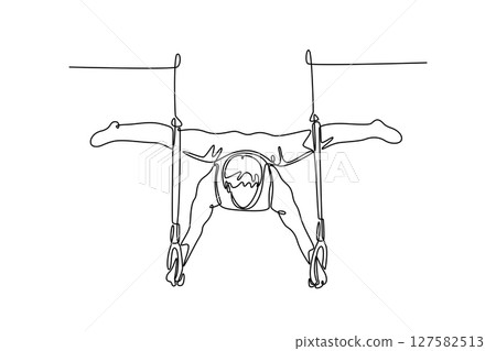 Continuous one line drawing strong male gymnast athlete looking down while doing calisthenics core stability exercise with gymnastics rings in gym. Single line draw design vector graphic illustration 127582513