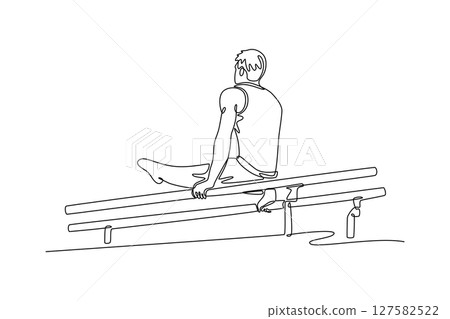 Single continuous line drawing muscular build man doing calisthenics on parallels bar indoor. Athlete practicing balance. Healthy lifestyle and power. One line draw graphic design vector illustration Single continuous line drawing muscular build man doing calisthenics on parallels bar indoor. Athlete practicing balance. Healthy lifestyle and power. One line draw graphic design vector illustration 127582522