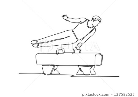 Single one line drawing attractive gymnast performing on pommel horse competition artistic gymnastics. Fit gymnast athlete in sportswear. Modern continuous line draw design graphic vector illustration 127582525
