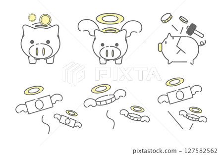 Flying money and a broken piggy bank icon set 127582562