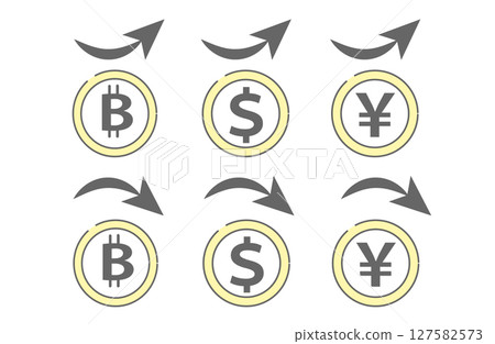 Currency rise and fall icon set (Bitcoin, dollar, yen) 127582573