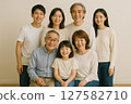 Group photo of a three-generation family sitting on chairs 127582710