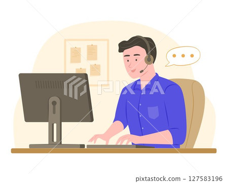 Call Center Man Working in Office for Customer Service Concept Illustration 127583196