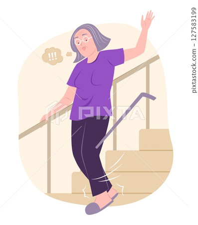 Elderly Woman Stumbles and Falling Down from Stairs for Accident Concept Illustration 127583199
