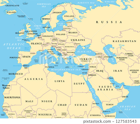 Europe, Middle East, and North Africa, political map with international borders. Overview of the continent Europe, the geopolitical region Middle East, and northern portion of the African continent. 127583543