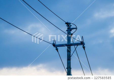 Telephone pole in the blue sky Telephone pole in the blue sky 127583585