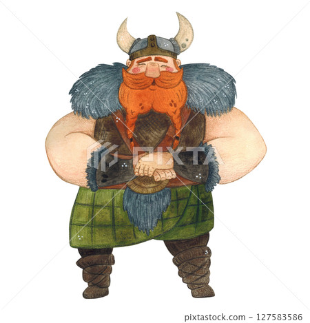 Viking in a helmet, a strong man with folded hands stands on a white background Viking in a helmet, a strong man with folded hands stands on a white background 127583586