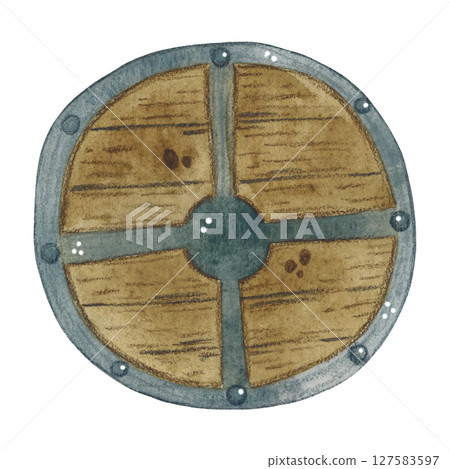 Wooden round shield with an iron edge on a white background 127583597