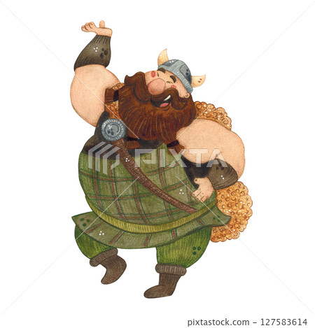 Cheerful Viking in a helmet and a checkered cape on a white background Cheerful Viking in a helmet and a checkered cape on a white background 127583614