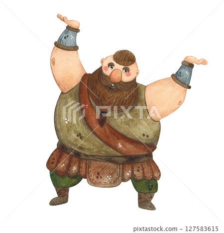Viking, strong man with raised arms stands on a white background 127583615