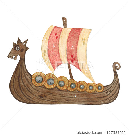 Watercolor illustration of a large Viking boat with a dragon's face and a red striped sail Watercolor illustration of a large Viking boat with a dragon's face and a red striped sail 127583621