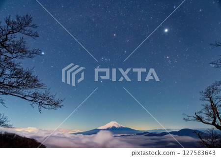 Winter constellations and Mount Fuji above the clouds as seen from Hinokiboramaru in Tanzawa Winter constellations and Mount Fuji above the clouds as seen from Hinokiboramaru in Tanzawa 127583643