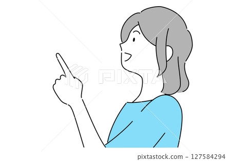 Profile illustration of a young woman smiling and pointing at something 127584294