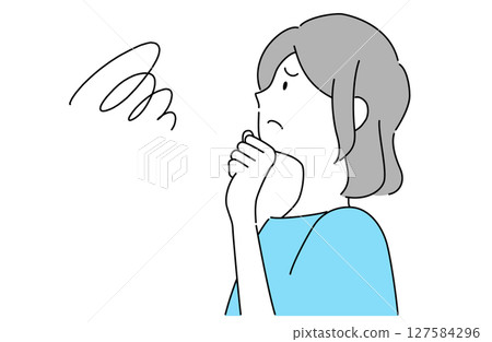 Profile of a woman with a thoughtful expression and her hand on her chin, vector illustration 127584296
