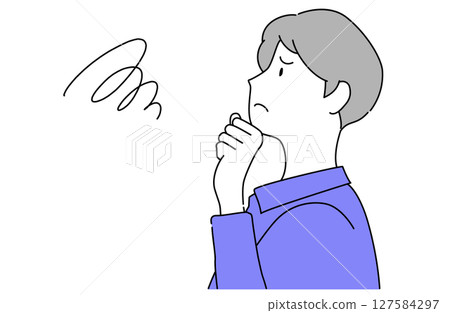 一位男子的側面像，表情若有所思，手托著下巴，向量圖 127584297