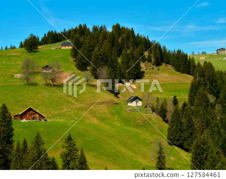 Breathtaking view of green hills with wooden houses under a clear sky in a tranquil rural landscape 127584461