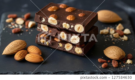 Stack of dark chocolate bars with whole almonds and hazelnuts on a dark slate background, for dessert background. 127584630